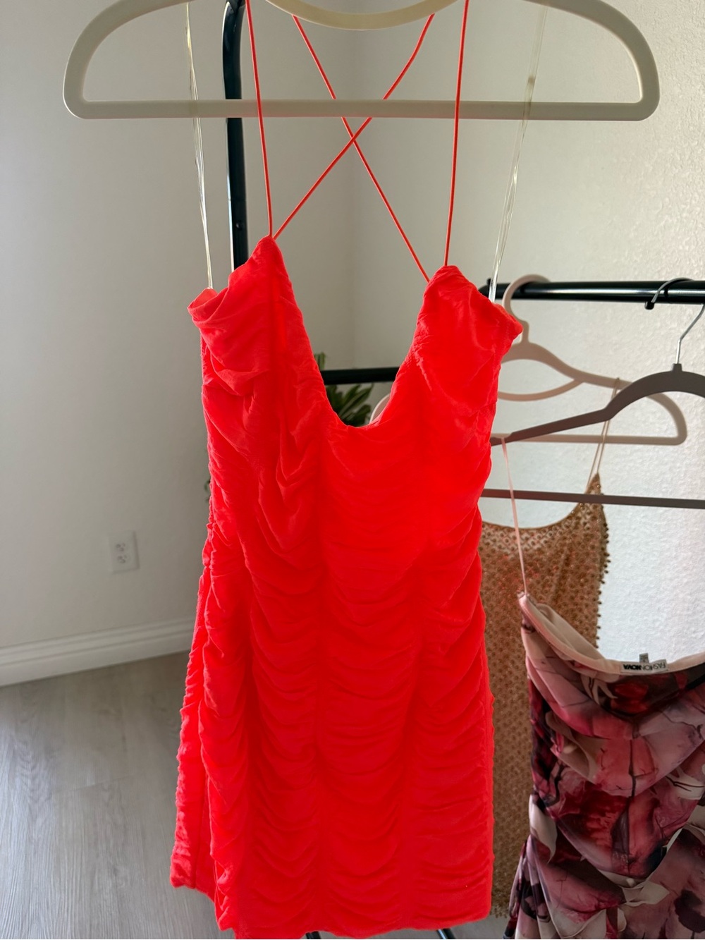 Windsor Neon Pink Ruched Spaghetti-Strap Mini Dress